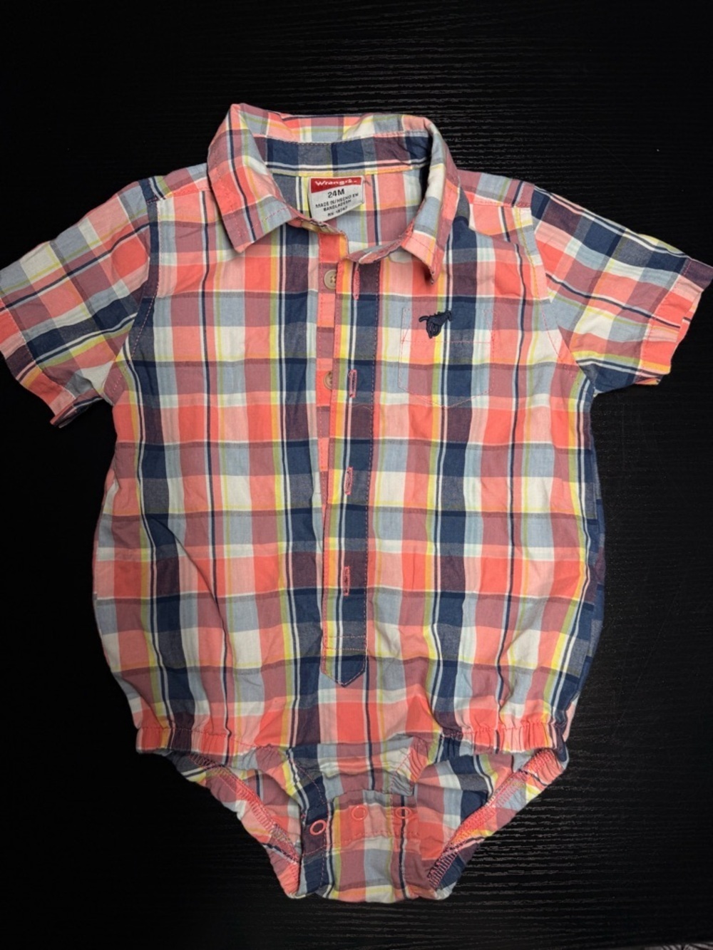 Wrangler Boys Plaid Short-Sleeve Button-Down Bodysuit in Coral, Navy & Yellow